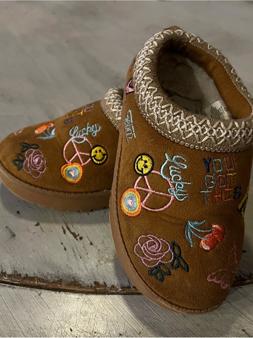 Kids Cozy Brown Embroidered Slip-On Slippers - You Got This